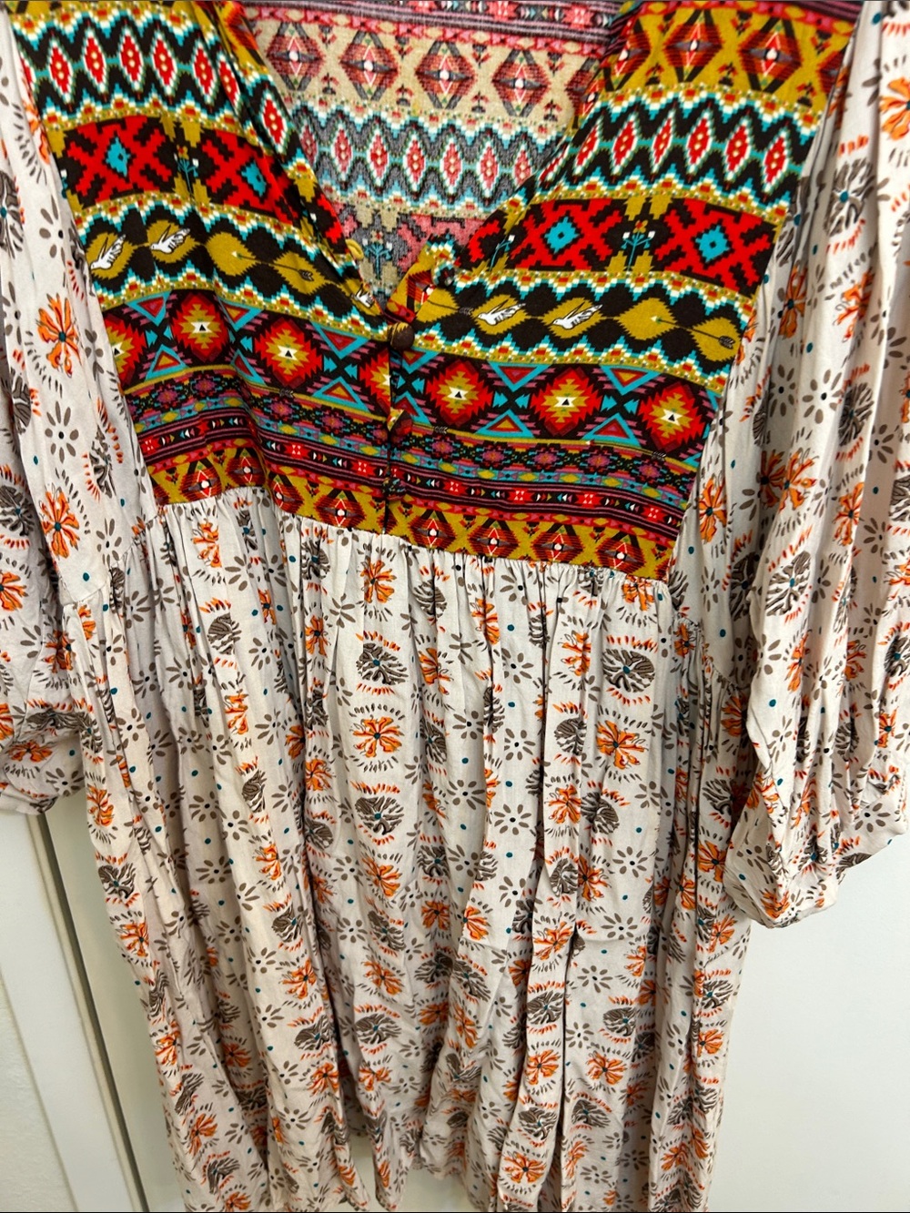 Umgee Boho Embroidered Yoke Maxi Dress in Cream, Orange, Red and Turquoise